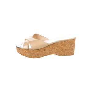 Jimmy Choo Prima nude cork wedge with gold toe plate 38.5